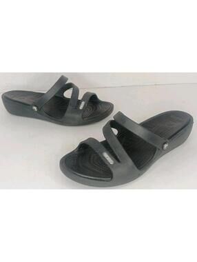 Crocs Womens Sz 7 Patricia 10386 Slip on Wedge Sandals Shoes Strappy Black
